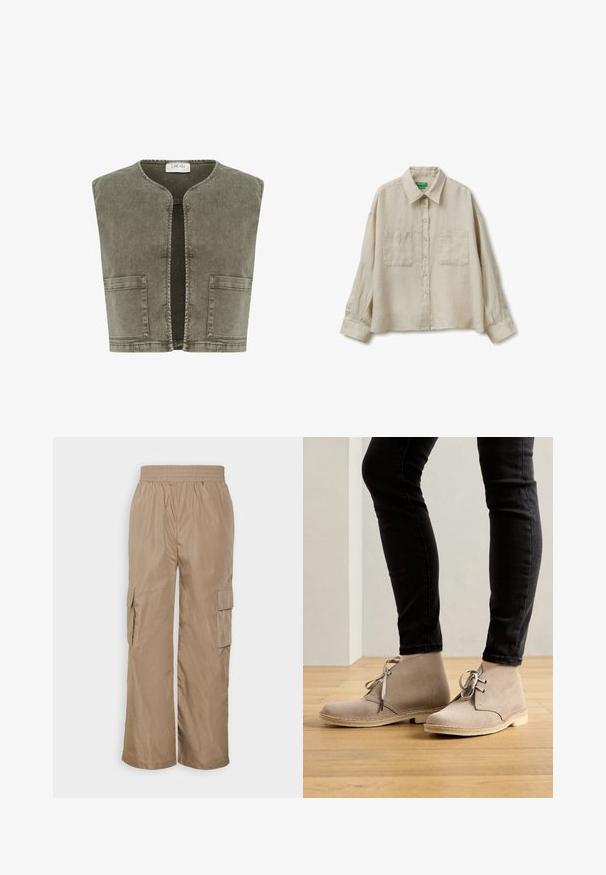 Cream CRMELANIE - Chaleco - heavy washed green; Camisa beige de manga larga con botones, dos bolsillos en el pecho y cuello clásico, hecha de una tela ligera.; Even&Odd by Zalando Pantalones cargo - beige; Botas de ante beige hasta el tobillo con punta redondeada, diseño de cordones y costuras en contraste, llevadas con pantalones negros ajustados sobre un suelo de madera.