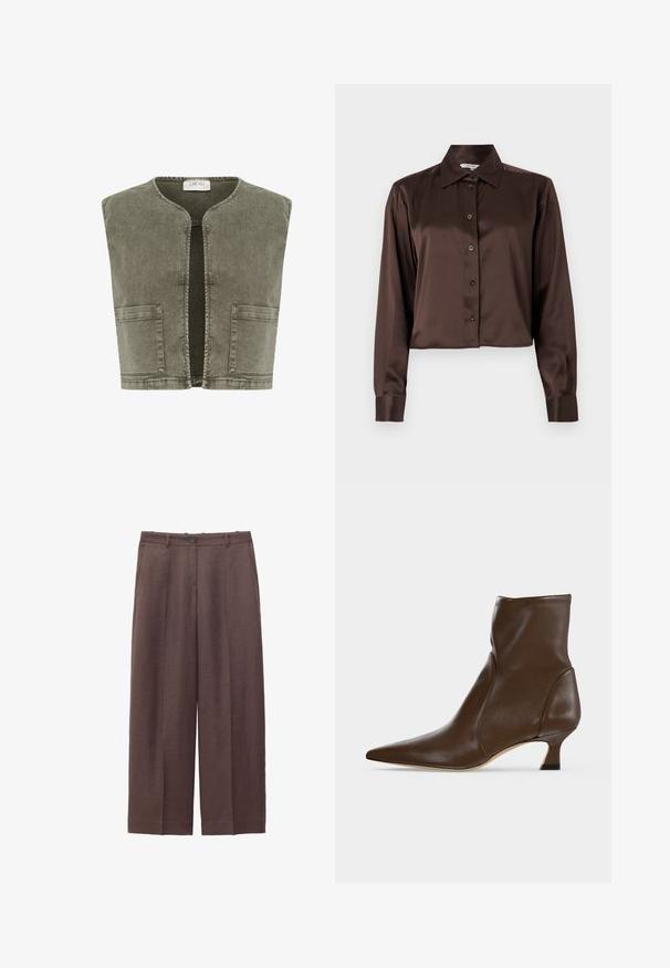 Cream CRMELANIE - Vest - heavy washed green; Pruun satiinist pika varrukaga särk, millel on terava kraega ja esikinnis nupud. Lühendatud disain ja sile tekstuur.; Pruunid laiade säärtega püksid vööaasade, eesnupu, luku ja küljetaskutega.; Pruun nahast pahkluuking terava varbaotsaga ja madala kaarega kontsaga heledal taustal.