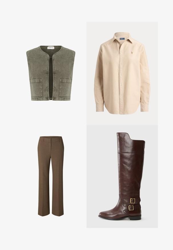 Cream CRMELANIE - Chaleco - heavy washed green; Camisa beige de manga larga con botones y cuello, con un pequeño logo bordado en el pecho izquierdo y mangas con puños clásicos.; Pantalones marrones a medida de pierna recta con trabillas para cinturón y cierre frontal, mostrados sobre un fondo blanco.; Bota de cuero marrón hasta la rodilla con punta redonda, que presenta dos hebillas en tono dorado en el tobillo y una textura suave y pulida.