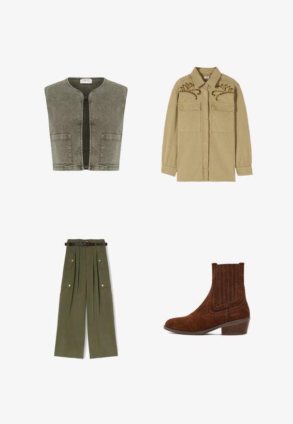 Cream CRMELANIE - Vest - heavy washed green; Lysebrun skjorte med lange ærmer med to forlommer og dekorativ broderi nær skuldrene, med manchetter og krave med knapper.; Bukser med højtaljet, olivengrønne viddeben, plisseringer, sidelommer med knapklapper og et mørkebrunt bælte med guldlås.; Brune suede ankelstøvle med en spidset form, lodrette syninger og perforerede detaljer langs siderne. Indeholder en lav, stablet hæl.