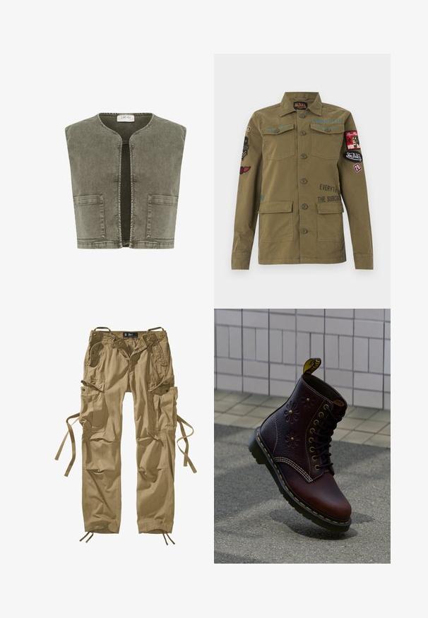 Cream CRMELANIE - Vest - heavy washed green; Oliivroheline sõjaväeline jakk, millel ees nööbid, rinnataskud ja alumised taskud ning varrukatel ning rinnal mitu tikitud plaastrit ja teksti.; Khaki värvi cargo püksid, mis on valmistatud puuvillast ja millel on mitu küljetaskut, pahkluu juures nöörid ja nööpide aktsendid. Puhtad jooned ja vastupidav kangas.; Tumepruun nahast saabas lilleornamentidega ja kollase õmblusega, püsti asetatud tekstuurse pinnasega kõnniteel, tagaplaanil plaatidega sein.