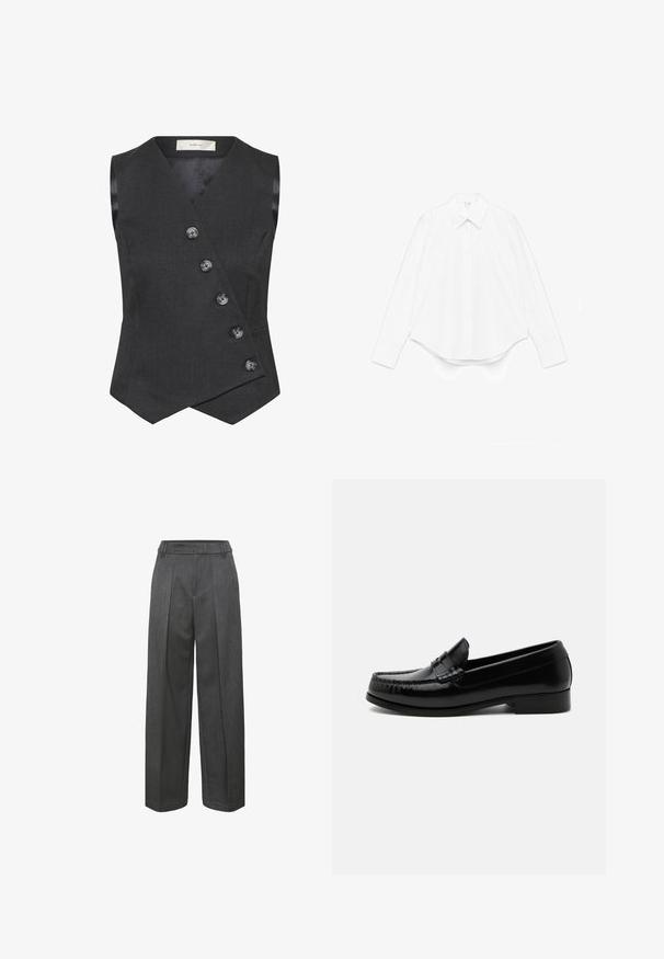 Gilet sans manches pour femme en gris foncé avec une fermeture à boutons asymétrique à l'avant et un ourlet pointu.; Chemise blanche à manches longues en coton, avec un col pointu, une fermeture à boutons sur le devant et un ourlet arrondi avec des poignets larges.; Pantalons larges gris avec une taille structurée, deux plis avant et un tissu texturé pour un look structuré.; Mocassin penny en cuir noir avec talon bas, coutures moc toe et design classique à enfiler sur fond blanc.