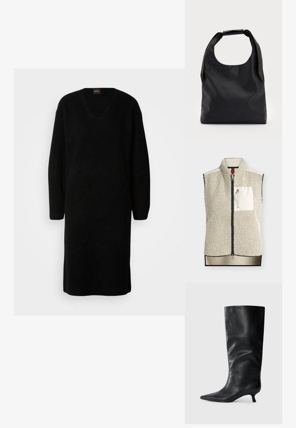Veste sans manches beige en polaire sherpa avec fermeture éclair à l'avant, col montant et poche poitrine zippée avec panneau en tissu lisse.; Robe tricotée noire avec un décolleté en V profond, des manches longues et une silhouette droite. Confectionnée en tissu doux et texturé. Sans motifs ni accents visibles.; Bottes en cuir noires jusqu'aux genoux avec un bout pointu et un petit talon, présentées sur un fond clair.; Sac à main en cuir noir avec une grande ouverture sur le dessus et une seule bandoulière. Texture douce, design minimaliste, avec des accents métalliques discrets.