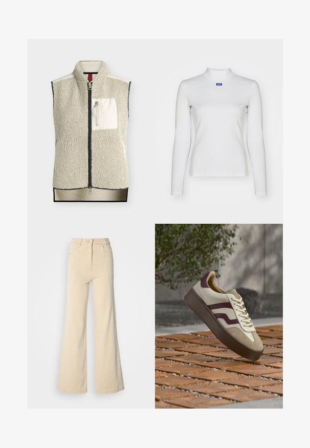 Veste sans manches beige en polaire sherpa avec fermeture éclair à l'avant, col montant et poche poitrine zippée avec panneau en tissu lisse.; Haut à col roulé blanc à manches longues en tissu extensible, avec une coupe ajustée et un petit logo bleu sur la poitrine.; Jeans beige à jambes larges avec taille haute, poches avant, et couture contrastée, dotés d'une fermeture à bouton et d'une texture en coton lisse.; Baskets beige et marron avec des rayures grenat suspendues au-dessus d’un sol en carreaux de bois à l’extérieur, verdure et mur en béton en arrière-plan.