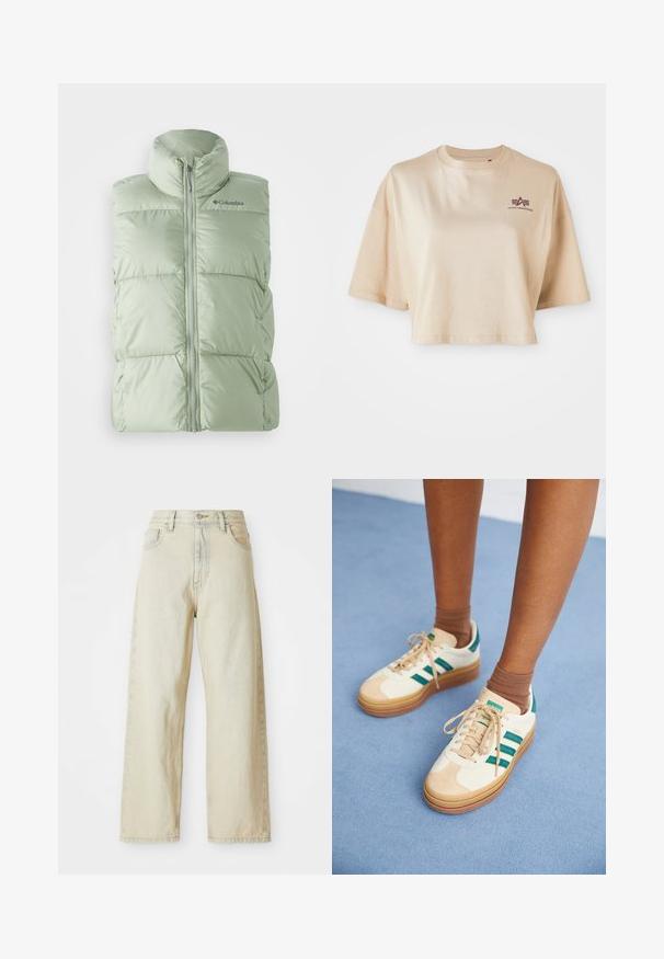 Lys grøn, puffy ærmeløs vest med høj krave, frontlynlås og en subtil ternet tekstur. Logo på øverste venstre bryst.; Beige cropped t-shirt lavet af bomuld, med korte ærmer, en rund halsudskæring og et maroon logo grafik på venstre bryst.; Løse denimjeans i en lys beige nuance med forlommer, høj talje og subtile syninger. Fremstillet af struktureret denimstof.; Beige sneakers med mørkegrønne striber, gummisål, overdel i ruskind og tekstil samt neutralt hardware, parret med brune sokker på en lyseblå overflade.