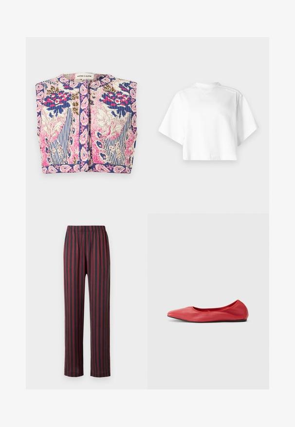 Veste courte sans manches avec texture matelassée, présentant des motifs floraux et rayés dans des tons bleus, roses, blancs et marrons, fermeture frontale à boutons.; Sweat-shirt court blanc à manches courtes avec col rond côtelé et texte de marque subtil sur l\'épaule gauche supérieure.; Pantalon rayé avec un schéma de couleurs noir et rouge foncé. Il présente une taille élastique, des jambes droites et une texture de tissu lisse.; Filippa K REY FLATS - Ballerines - bright red