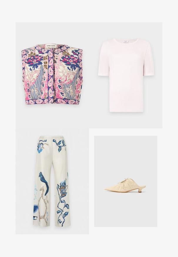 Veste courte sans manches avec texture matelassée, présentant des motifs floraux et rayés dans des tons bleus, roses, blancs et marrons, fermeture frontale à boutons.; T-shirt rose clair à manches courtes en matériau doux, avec un col rond et un design simple et droit. Style minimaliste.; Pantalon beige à jambes larges avec des imprimés botaniques et d’oiseaux bleus, avec des feuilles et des branches détaillées et un oiseau perché sur une branche.; Chaussure en cuir couleur crème à enfiler avec un bout pointu, des détails froncés à l'avant et un petit talon carré.