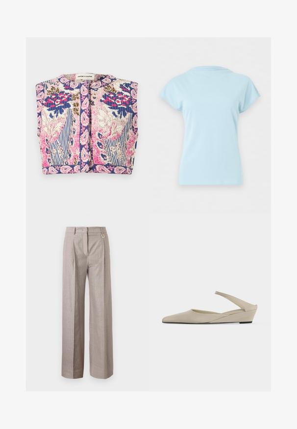 Veste courte sans manches avec texture matelassée, présentant des motifs floraux et rayés dans des tons bleus, roses, blancs et marrons, fermeture frontale à boutons.; T-shirt bleu clair à manches courtes et col rond, présenté à plat sans logos ni motifs visibles sur un fond blanc uni.; Pantalon taille haute à jambes larges avec un motif à carreaux beige et marron, plis sur le devant, passants pour ceinture, et fermeture avant dissimulée.; Chaussure slingback beige à petit talon compensé, bout pointu et finition mate lisse, présentée de profil sur fond blanc.