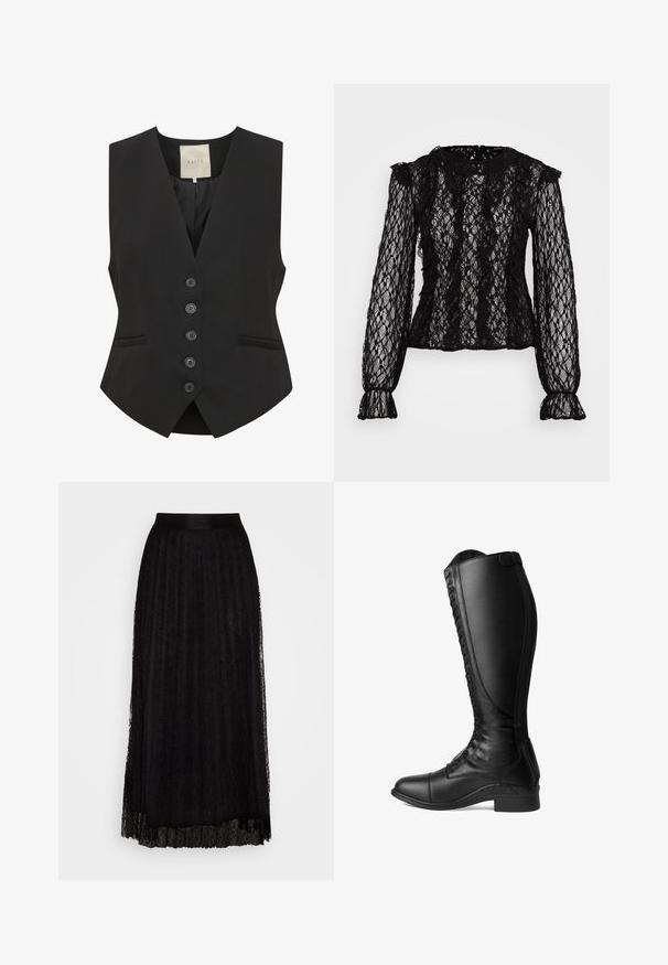 Gilet noir avec un décolleté en V, fermeture à cinq boutons sur le devant, deux poches latérales et une coupe ajustée. Fabriqué dans un tissu doux. Étiquette portant la mention "KAFFE."; Haut en dentelle noire à manches longues avec une coupe ajustée, des détails volantés aux épaules et aux poignets, et un motif floral texturé tout au long.; Jupe maxi noire en dentelle avec un motif texturé, dotée d'une taille lisse et d'un design superposé et fluide.; Bottes de moto en cuir noir avec un long empiècement, le laçage sur le devant, un bout arrondi et un talon bas. Texture lisse et design épuré.