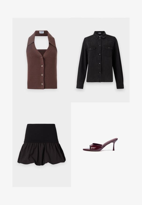 Bruin geribbeld gebreid vest met halternek, voorzien van een knoopsluiting aan de voorkant en een ontspannen pasvorm. Korte kraag voegt structuur toe aan het ontwerp.; Zwarte spijkerbutton-up shirt met lange mouwen, twee borstzakken met klep en een klassieke kraag op een witte achtergrond.; Zwarte uitlopende rok met een geribde tailleband en geraffineerde textuur aan de zoom, gemaakt van lichtgewicht stof voor comfort en beweging.; Bordeaux patentleren open teen sleehaksandalen met een gebogen vorm en een dunne stilettohak. Gladde textuur met minimale details.