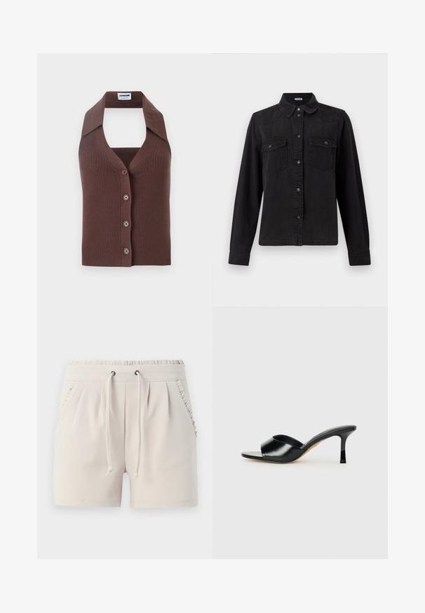 Brun, ribbet strikvest med halterneck, der har knaplukning foran og en afslappet pasform. Den korte krave tilføjer struktur til designet.; Sort denim skjorte med knapper og lange ærmer, to brystlommer med klap og en klassisk krave på en hvid baggrund.; Lyse beige shorts med elastisk talje, snor, sidelommer og flæsedetaljer langs lommekanterne. Blødt stoff.; Sorte læder højhælede mules med open-toe design og en bred, buet overdel. Glat tekstur og slank silhuet.