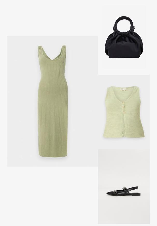 Haut sans manches vert clair avec un décolleté en V, trois boutons sur le devant et un tissu en tricot texturé. Design simple et décontracté.; Robe longue rayée, verte olive, avec un décolleté en V et de larges bretelles, présentant une silhouette ajustée et une texture douce.; Even&Odd by Zalando Ballerines à brides arrière - black; Sac à main en tissu noir doux avec haut froncé et poignées circulaires rembourrées nouées de chaque côté.