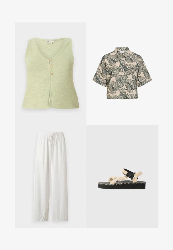 Haut sans manches vert clair avec un décolleté en V, trois boutons sur le devant et un tissu en tricot texturé. Design simple et décontracté.; Chemise beige à manches courtes boutonnée, imprimé de grandes feuilles tropicales vertes et col montant.; Pantalon ample en lin blanc avec taille élastique et cordon, présenté à plat sur un fond neutre.; Sandales à sangle tissée avec une tige en corde de couleur crème, semelle noire, semelle intérieure texturée et couture blanche contrastante.