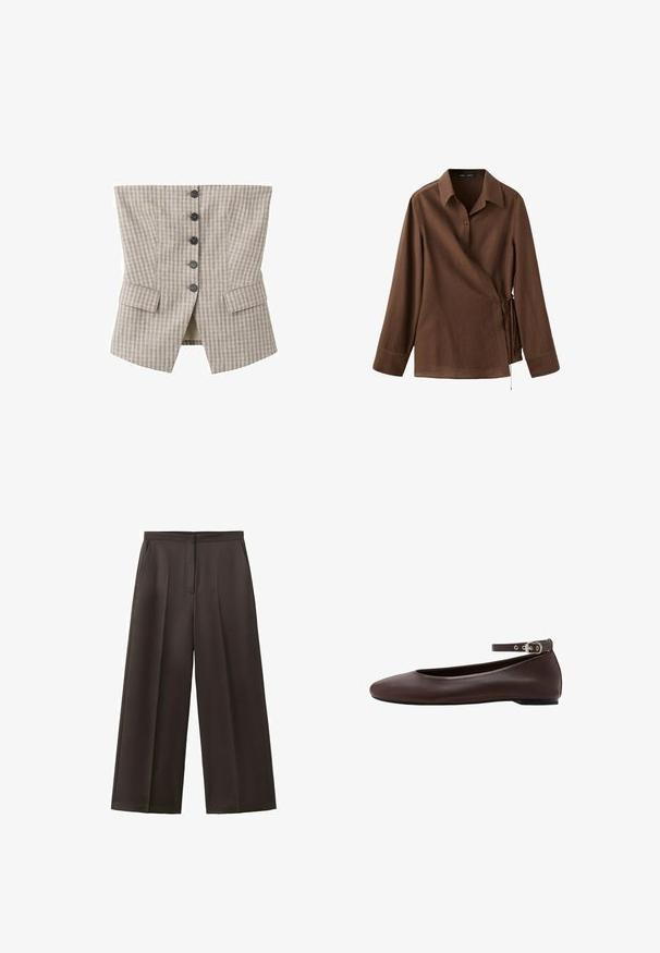 Gilet style corset à carreaux beige et gris avec cinq boutons noirs au centre et deux poches à rabat près du bas.; Chemise portefeuille marron à manches longues avec col, fermeture à boutons et nouée sur le côté, sur un fond blanc uni.; Pantalon noir à jambes larges avec taille haute, plis avant et poches latérales, conçu pour une tenue formelle ou professionnelle.; Chaussure plate marron foncé avec bout arrondi et bride de cheville réglable avec boucle argentée sur fond blanc.