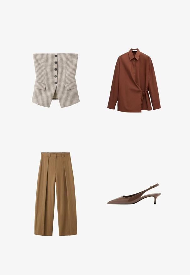 Gilet style corset à carreaux beige et gris avec cinq boutons noirs au centre et deux poches à rabat près du bas.; Chemise marron à manches longues avec col pointu, boutons sur le devant et détail de ceinture nouée côté droit.; Pantalon marron taille haute à jambes larges avec fines rayures, plis sur le devant, passants pour ceinture et fermeture éclair dissimulée sur le devant.; Escarpin bride arrière en cuir verni marron avec bout pointu, fine bride à boucle et petit talon haut.