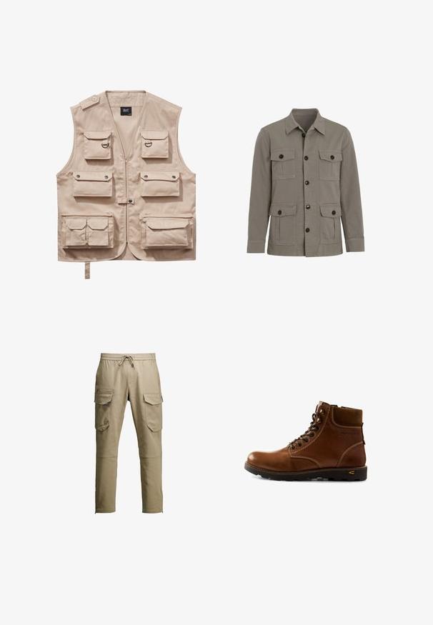 Beige Cargo-Weste aus strapazierfähigem Stoff, ausgestattet mit mehreren Taschen mit Klappen, einem Reißverschluss und einem Kragen. Akzente sind metallene Druckknöpfe und Ringe.; Graue Jacke mit Knopfleiste, vier aufgesetzten Brusttaschen und klassischem Kragen, auf weißem Hintergrund präsentiert.; Beige Cargo-Hosen mit einem Gummizugbund, mehreren Seitentaschen und Reißverschlussdetails. Hergestellt aus robustem Stoff und im geraden Beinschnitt.; Brauner Leder-Stiefelette mit gepolstertem Kragen, Schnürverschluss und robustem schwarzem Profilsohle, entworfen für Outdoor-Abenteuer.