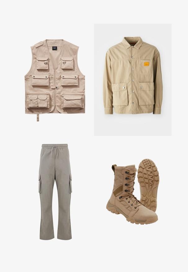 Beige cargovest gemaakt van duurzaam stof, met meerdere zakken met kleppen, ritssluiting en een kraag. Accenten zijn metalen drukknoopjes en ringen.; Replay Inc. SHIRT - Overhemd - khaki; Lichtgrijze cargobroek met een tailleband met trekkoord, zijzakken en een ontspannen pasvorm. Gemaakt van een gladde, lichte stof zonder zichtbare patronen.; Tan tactische laars met veterontwerp tot aan de enkel en stevige rubberen zool, één laars rechtopstaand en één die het profielpatroon toont.