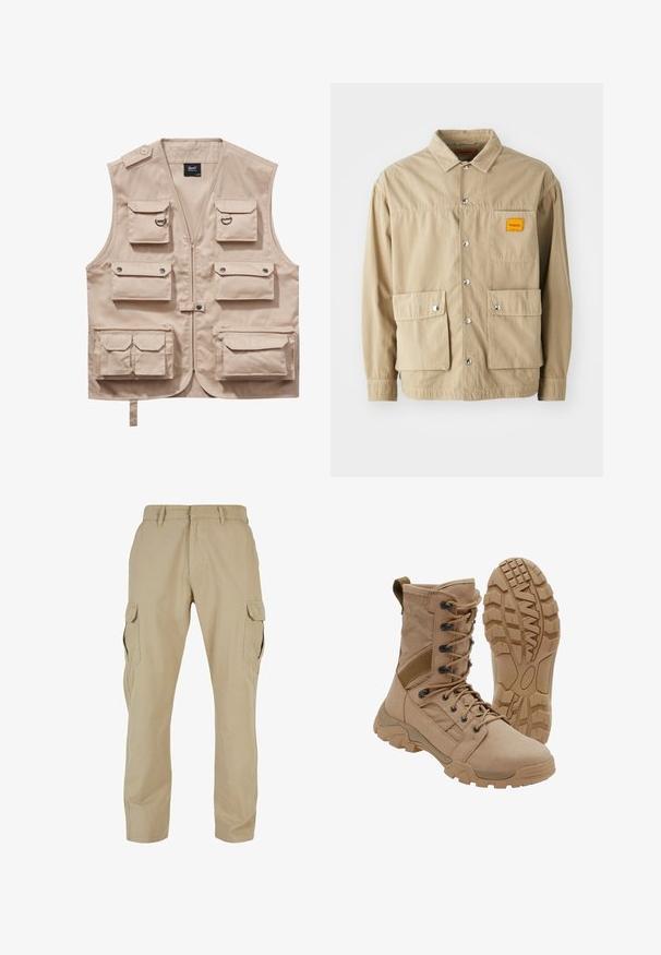 Beige Cargo-Weste aus strapazierfähigem Stoff, ausgestattet mit mehreren Taschen mit Klappen, einem Reißverschluss und einem Kragen. Akzente sind metallene Druckknöpfe und Ringe.; Replay Inc. SHIRT - Hemd - khaki; Beige Cargo-Hosen aus Baumwolltwill mit mehreren Seitentaschen, geradem Bein Design und einem Reißverschluss mit Gürtelschlaufen.; Brauner taktischer Stiefel mit schnürbarem Knöchel-Design und robuster Gummisohle, ein Stiefel steht aufrecht, der andere zeigt das Profil der Sohle.