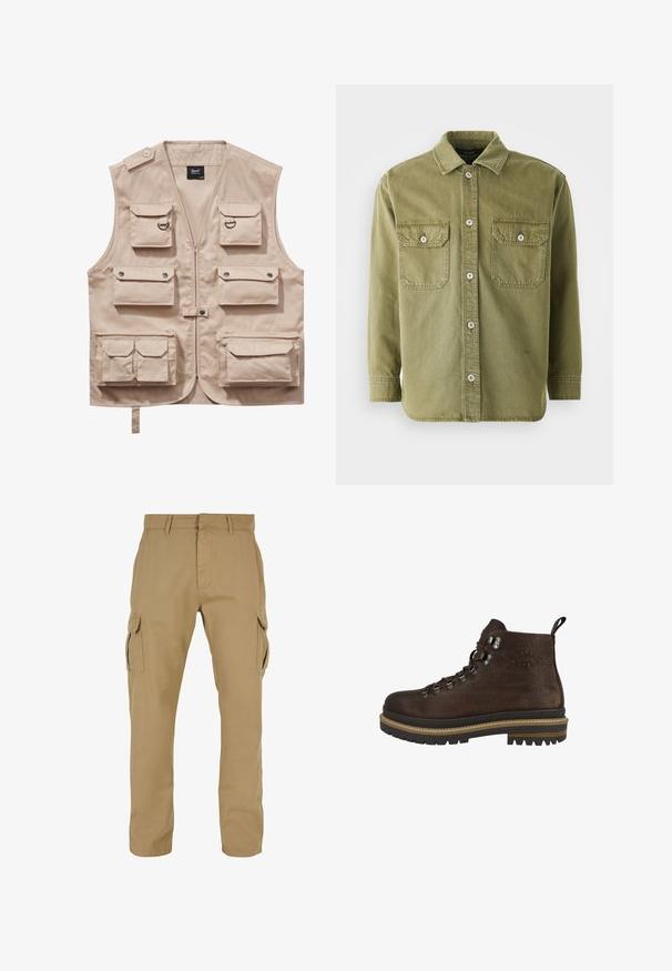 Beige cargovest gemaakt van duurzaam stof, met meerdere zakken met kleppen, ritssluiting en een kraag. Accenten zijn metalen drukknoopjes en ringen.; Olijfgroene button-up shirt van zachte stof, met twee borstzakken met kleppen, zichtbare knopen en een kraag.; Beige cargobroek met twee zijzakken, rechte pijpdesign, gemaakt van duurzaam materiaal, met stikseldetails en riemlussen.; Bruine leren wandelschoen met een robuuste textuur, metalen oogjes en een gewatteerde kraag. Voorzien van een dikke, geribbelde rubberen zool en een trekhaak.