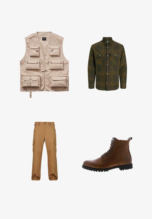 Chaleco cargo beige hecho de tejido resistente, con múltiples bolsillos con solapas, cierre de cremallera y cuello. Los detalles incluyen botones de presión metálicos y anillos.; Camisa de cuadros verde oliva, hecha de una tela suave, con dos bolsillos en el pecho, cierre frontal de botones y acentos amarillos contrastantes en el patrón.; Pantalones cargo marrones fabricados con un tejido duradero, que cuentan con múltiples bolsillos, un corte relajado y detalles de costura reforzada.; Botas de cuero marrón hasta el tobillo con acabado texturizado, ojales de metal y suela de goma negra con protuberancias. Presenta una lengüeta en la parte posterior para facilitar su uso.