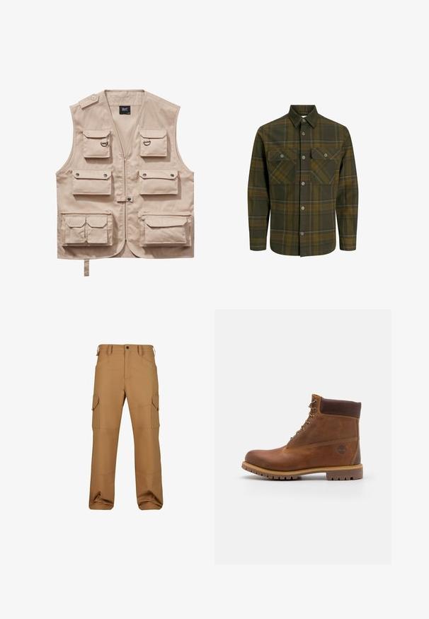 Beige cargo vest lavet af slidstærkt stof, med flere lommer med klapper, lynlås og krave. Accenter inkluderer metaltrykknapper og ringe.; Olivengrøn plaid skjorte lavet af blødt stof, med to brystlommer, knaplukning foran og kontrasterende gule detaljer i mønstret.; Brune cargo bukser lavet af slidstærkt stof, med flere lommer, en afslappet pasform og forstærkede syninger.; Brun læder vandrestøvle med en glat finish, polstret ankel, metalliske snørehuller og en gummisål med et robust dækmønster.