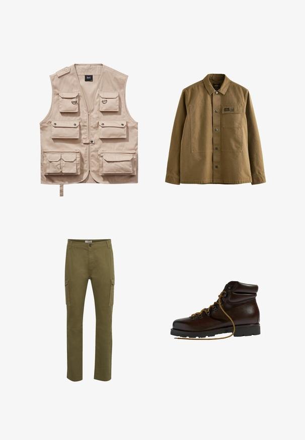 Beige Cargo-Weste aus strapazierfähigem Stoff, ausgestattet mit mehreren Taschen mit Klappen, einem Reißverschluss und einem Kragen. Akzente sind metallene Druckknöpfe und Ringe.; Braune Canvasjacke mit eingesetztem Kragen, vorderem Knopfverschluss, zwei Brusttaschen und strukturierter Stoffverarbeitung. Militärisch inspiriertes Design.; Grüne Cargo-Hosen mit geradem Schnitt, ausgestattet mit zwei Seitentaschen, einem Knopfverschluss und genähten Details auf der Stoffoberfläche.; Brauner Leder-Wanderschuh mit abgerundetem Zeh, strukturierten Oberflächen, gelben Schnürsenkeln und Metallösen. Enthält eine robuste schwarze Gummisohle.
