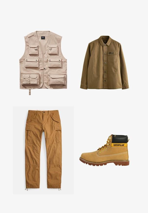 Beige cargovest gemaakt van duurzaam stof, met meerdere zakken met kleppen, ritssluiting en een kraag. Accenten zijn metalen drukknoopjes en ringen.; Bruine canvasjas met een kraag, voorkant met knoopsluiting, twee borstzakken en een gestructureerde stof. Militaire inspiratie in het ontwerp.; Beige cargobroek van katoen, met meerdere zakken, een losse pasvorm en trekkoordzomen voor verstelbare lengte.; Bruine leren laars met een zwarte kraag, gele accenten, gouden veterogen en een robuuste zool. Heeft een zijnaad en contrasterende stikseldetails.
