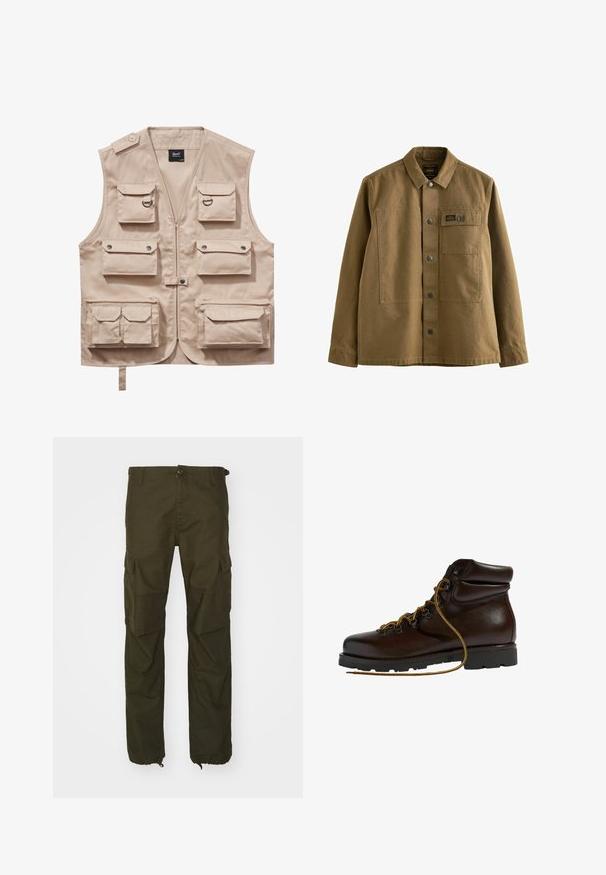 Beige Cargo-Weste aus strapazierfähigem Stoff, ausgestattet mit mehreren Taschen mit Klappen, einem Reißverschluss und einem Kragen. Akzente sind metallene Druckknöpfe und Ringe.; Braune Canvasjacke mit eingesetztem Kragen, vorderem Knopfverschluss, zwei Brusttaschen und strukturierter Stoffverarbeitung. Militärisch inspiriertes Design.; Olivgrüne Cargo-Hosen aus strapazierfähigem Stoff, mit einem Knopfverschluss, mehreren Seitentaschen und elastischen Bündchen an den Knöcheln.; Brauner Leder-Wanderschuh mit abgerundetem Zeh, strukturierten Oberflächen, gelben Schnürsenkeln und Metallösen. Enthält eine robuste schwarze Gummisohle.