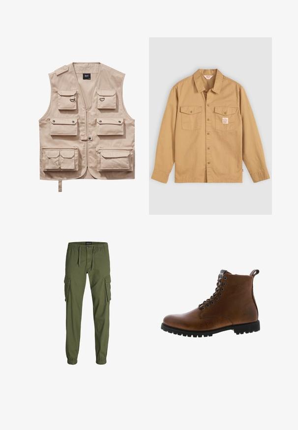 Beige cargovest gemaakt van duurzaam stof, met meerdere zakken met kleppen, ritssluiting en een kraag. Accenten zijn metalen drukknoopjes en ringen.; Tan button-up shirt met lange mouwen, twee borstzakken en een klein label. Gemaakt van katoen met een gladde textuur en een klassiek kraagontwerp.; Olijfgroene cargobroek met een elastische tailleband, trekkoord, twee grote zijzakken en taps toelopende boorden. Gemaakt van een duurzame stof.; Bruine leren enkelbotten met een gestructureerde afwerking, metalen oogjes en een zwarte rubberen profielzool. Voorzien van een trekband aan de achterkant voor gemakkelijke instap.