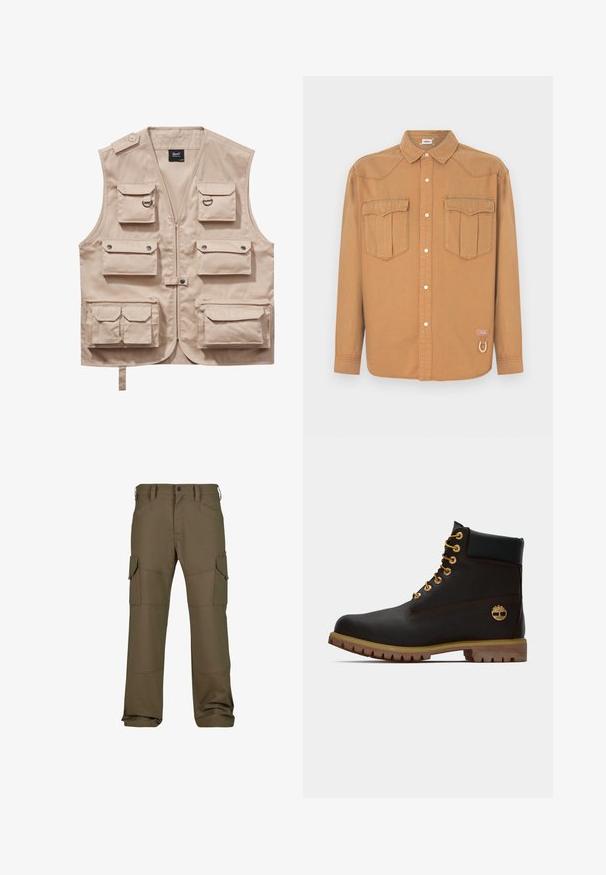 Beige cargo vest lavet af slidstærkt stof, med flere lommer med klapper, lynlås og krave. Accenter inkluderer metaltrykknapper og ringe.; Brun denimskjorte med to brystlommer, spids krave, knaplukning foran og kontrastsyning. Indeholder en logo-patch og en løkke detalje.; Cargo bukser i mørke olivengrøn med flere lommer, forstærket syning, lige pasform og en glat tekstureret stof.; Sorte læder ankelstøvle med gyldne øjer, brune detaljer og gummisål. Har en polstret krave og præget logo på siden.
