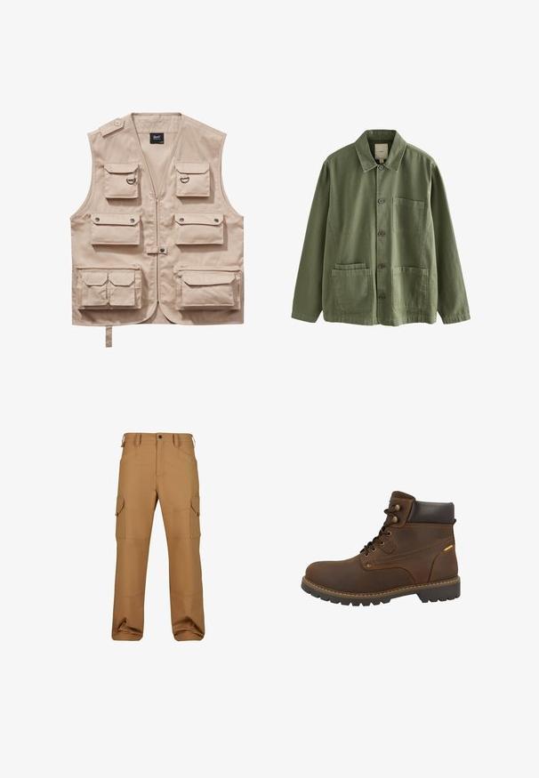 Beige Cargo-Weste aus strapazierfähigem Stoff, ausgestattet mit mehreren Taschen mit Klappen, einem Reißverschluss und einem Kragen. Akzente sind metallene Druckknöpfe und Ringe.; Olivgrüne Jacke mit Knopfleiste, Kragen, langen Ärmeln, einer Brusttasche und zwei aufgesetzten Taschen vorne unten.; Braune Cargo-Hosen aus strapazierfähigem Material, mit mehreren Taschen, lockerer Passform und verstärkten Nähdetails.; Brauner Leder-Stiefelette mit gepolstertem Kragen, Metallösen und Gummisohle mit tiefem Profil. Kontrastnähte und Logodetail.