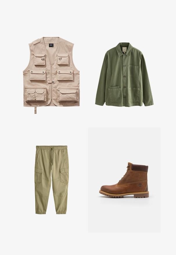 Beige cargo vest lavet af slidstærkt stof, med flere lommer med klapper, lynlås og krave. Accenter inkluderer metaltrykknapper og ringe.; Olivengrøn knapjakke med krave, lange ærmer, én brystlomme og to nederste frontlommer.; Lyse olivengrønne cargobukser lavet af blødt stof, med elastisk talje, snøre, flere lommer og elastiske manchetter.; Brun læder vandrestøvle med en glat finish, polstret ankel, metalliske snørehuller og en gummisål med et robust dækmønster.