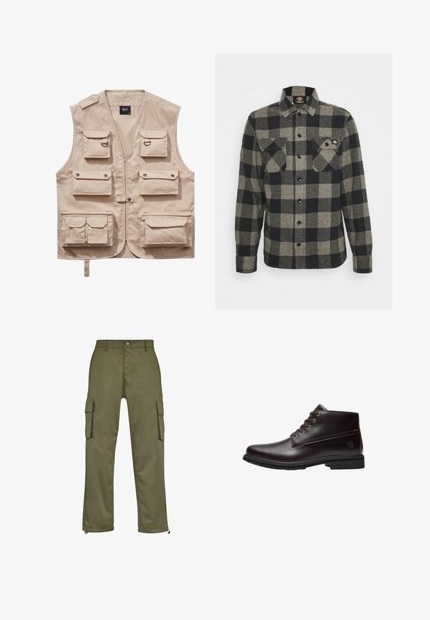Beige cargovest gemaakt van duurzaam stof, met meerdere zakken met kleppen, ritssluiting en een kraag. Accenten zijn metalen drukknoopjes en ringen.; Zwart en grijs geblokt flanellen shirt met lange mouwen, knoopsluiting aan de voorkant, twee borstzakken en een licht gebogen zoom. Gegarneerde stof.; Olijfgroene cargobroek met een rechte snit, twee zijzakken en ritsdetails bij de broekspijpen. Gemaakt van duurzame stof.; Donkerbruine leren veterschoenen voor de enkels met zwarte zool en subtiel merklogo aan de zijkant, zijaanzicht tegen een witte achtergrond.