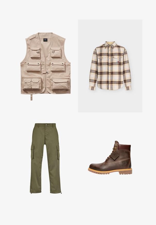 Beige cargo vest lavet af slidstærkt stof, med flere lommer med klapper, lynlås og krave. Accenter inkluderer metaltrykknapper og ringe.; Langærmet beige og brun ternet skjorte med knapper, to brystlommer og et lille rektangulært logo på den venstre lomme.; Olivenfarvede cargo bukser med lige snit, to sidelommer og lynlåse ved anklerne. Fremstillet af slidstærkt stof.; Brun læder ankelstøvle med rund tå, solid sål, hardware i guldtone og en tekstureret overdel. Inkluderer et logo-tagfæstet.