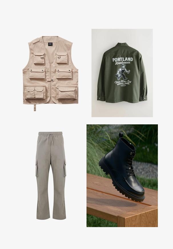 Beige Cargo-Weste aus strapazierfähigem Stoff, ausgestattet mit mehreren Taschen mit Klappen, einem Reißverschluss und einem Kragen. Akzente sind metallene Druckknöpfe und Ringe.; Olivgrüne Arbeitsjacke mit einem geknöpften Kragen, auf der Rückseite befindet sich eine weiße Grafik mit einer Person, einem Werkzeugkasten und Text in fetter Schrift.; Hellgraue Cargo-Hosen mit einem Kordelzugbund, seitlichen Taschen und einer lockeren Passform. Hergestellt aus einem glatten, leichten Stoff ohne sichtbare Muster.; Schwarze Leder-Ankle-Boots mit glatter Oberfläche, Schnürung an der Vorderseite, dickem, geripptem Profil und einer Zuglasche. Positioniert über einer Holzoberfläche.