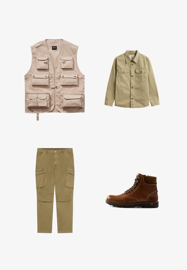 Chaleco cargo beige hecho de tejido resistente, con múltiples bolsillos con solapas, cierre de cremallera y cuello. Los detalles incluyen botones de presión metálicos y anillos.; Camisa de manga larga color caqui con botones, cuello y dos bolsillos frontales con solapa y botón.; Pantalones cargo caqui con cierre de botón y cremallera, que cuentan con bolsillos con solapa lateral y bolsillos frontales angulados.; Bota de cuero marrón hasta el tobillo con cuello acolchado, cierre con cordones y suela negra robusta diseñada para aventuras al aire libre.