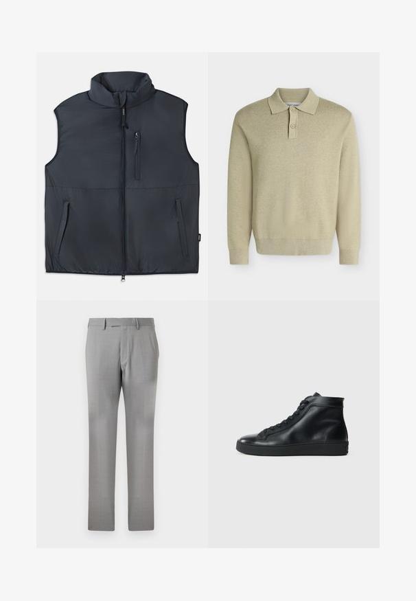 Zwart mouwloos gewatteerd vest met rechtopstaande kraag, een ritssluiting aan de voorkant en drie ritszakken.; Beige polo met lange mouwen, kraag en twee knopen, geribde manchetten en zoom, weergegeven op een effen lichte achtergrond.; Lichtgrijze formele herensbroek met riemlussen, voorzakken en een verborgen ritssluiting aan de voorkant.; Zwarte high-top sneakers van glad leer met een ronde neus, platte rubberen zool en vetersluiting aan de voorkant. Strakke lijnen en minimale accenten.