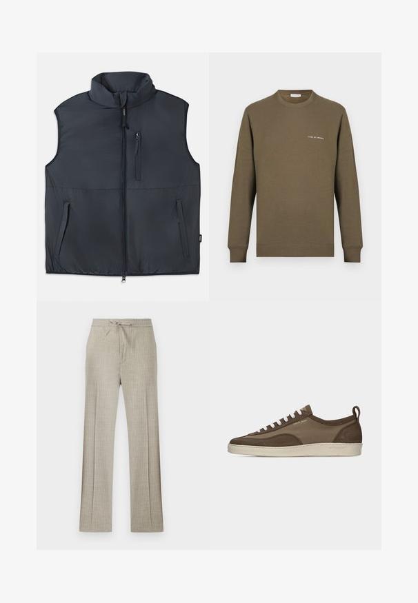 Zwart mouwloos gewatteerd vest met rechtopstaande kraag, een ritssluiting aan de voorkant en drie ritszakken.; Olijfgroene sweatshirt gemaakt van katoen met een gladde textuur, voorzien van een ronde hals, lange mouwen en een wit tekstlogo op de borst.; Beige broek van linnenmix met subtiele witte krijtstreepjes, een tailleband met trekkoord en rechte pijpen.; Lage bruine sneaker met witte veters, beige zool, bovenwerk van stof en suède, zijlus en "Tiger of Sweden" logo in gouden tekst.