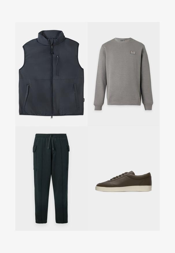 Sort ærmeløs polstret vest med høj krave, frontlynlås og tre lynlåslommer.; Grå langærmet sweatshirt med rund hals, ribkanter ved ærmer og kant, med et lille EA7 Emporio Armani logo patch på øverste venstre bryst.; Sorte joggingbukser med snøre i taljen, sidelommer, detaljer med cargolomme og synlige sømmer. Blødt stof med en afslappet pasform.; Low-top mørkebrun lædersneaker med snørelukning foran og cremefarvet gummisål, vist fra ydersiden mod hvid baggrund.