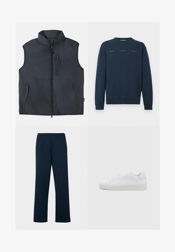 Zwart mouwloos gewatteerd vest met rechtopstaande kraag, een ritssluiting aan de voorkant en drie ritszakken.; Navyblauw sweatshirt met een ronde hals, lange mouwen en een zachte textuur. Voorzijde met een bedrukte tekst in een contrasterende lichte kleur.; Marineblauwe joggingbroek van zacht stof, met een elastische tailleband en een losse pasvorm. Geen zichtbare patronen of metalen details.; Witte leren lage sneakers met een ronde neus, platte veters, een gestructureerde zool en subtiele gouden branding aan de zijkant. Gladde oppervlakte en minimalistisch ontwerp.