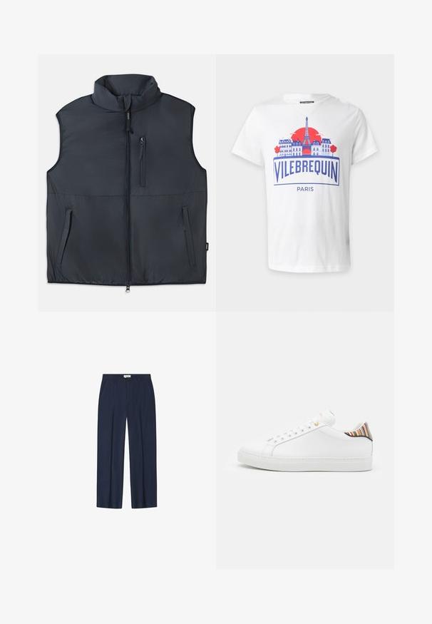 Sort ærmeløs polstret vest med høj krave, frontlynlås og tre lynlåslommer.; Hvid T-shirt med blå og rød grafik af bygninger i Paris, Eiffeltårnet, rød sol og teksten "Vilebrequin Paris" på forsiden.; Marineblå bukser med plisseret front, lige ben og to sidelommer. Fremstillet af et glat, letvægtsstof.; Hvide lædersneakers med en glat overflade, prydet med en farverig stribet detalje på hælen, guldøje og flad hvid sål.