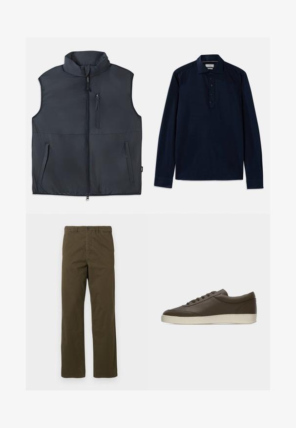 Zwart mouwloos gewatteerd vest met rechtopstaande kraag, een ritssluiting aan de voorkant en drie ritszakken.; Michael Kors Longsleeve - navy; Heren rechte bruine katoenen broek met riemlussen, knoop aan de voorkant en ritssluiting tegen een lichte achtergrond.; Donkerbruine leren lage sneaker met veters aan de voorkant en een crèmekleurige rubberen zool, getoond vanaf de buitenkant tegen een witte achtergrond.
