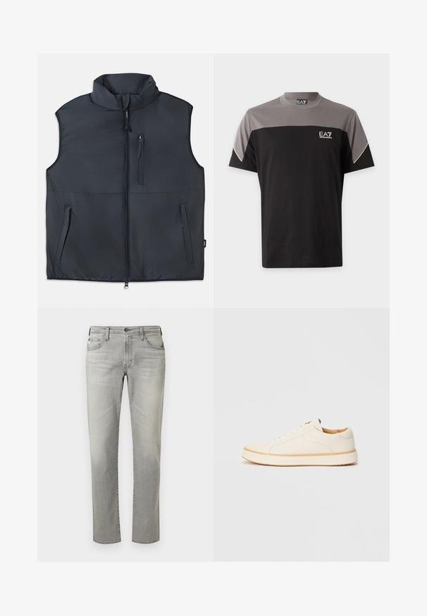 Zwart mouwloos gewatteerd vest met rechtopstaande kraag, een ritssluiting aan de voorkant en drie ritszakken.; Zwart-grijze EA7 Emporio Armani T-shirt met korte mouwen, logo op de borst en witte afwerking aan de mouwen.; Grijze spijkerbroek van denim met een rechte pasvorm, vijf zakken, knoopsluiting en subtiele vervaging. Soepele textuur en strakke lijnen.; Witte leren sneaker met een ronde neus, eenvoudig vetersluiting ontwerp, gevoerde binnenzool en een contrasterende tan rubberen zool. Zachte textuur overal.