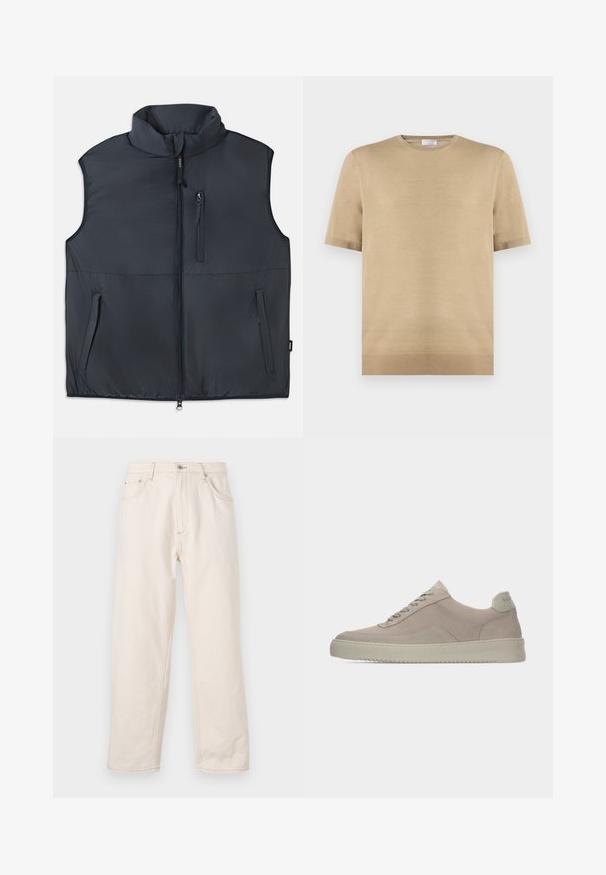 Zwart mouwloos gewatteerd vest met rechtopstaande kraag, een ritssluiting aan de voorkant en drie ritszakken.; Beige kort mouwen gebreide trui met ronde hals en geribde zoom, plat gelegd op een witte achtergrond.; Beige rechte jeans gemaakt van denim, met een knoopsluiting, vijf zakken en zichtbare stikseldetails. Gladde textuur.; Beige suède sneakers met een gestructureerde afwerking, ronde neus en tonale veters. Voorzien van een dikke rubberen zool en subtiele branding op de hiel.