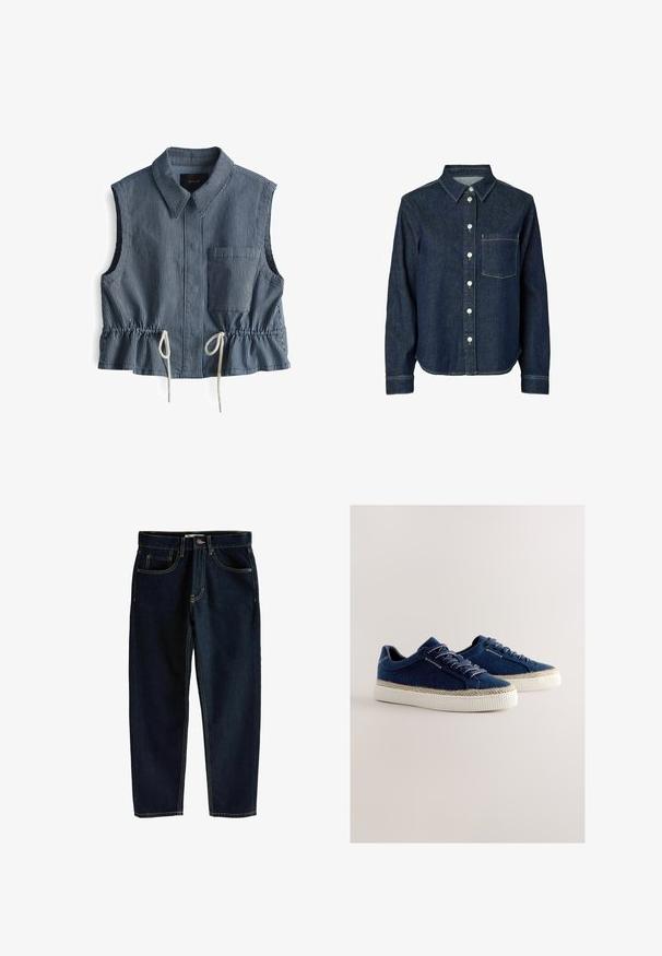 Mouwloos, blauw-wit gestreept topje met een kraag, een borstzak en een koord aan de taille met geplooide details.; Donkerblauw denim overhemd met lange mouwen, witte knopen aan de voorkant en een enkele borstzak aan de linkerkant.; Donkerblauwe denim jeans met een rechte snit, vijf zakken en contrasterende gouden stiksels. Voorzien van een knoop en een ritssluiting aan de voorkant.; Blauwe denim sneakers met een gestructureerd oppervlak, witte rubberen zolen en contrasterende stiksels. Voorzien van een klassieke vetersluiting en een lage, uitgesneden silhouet.