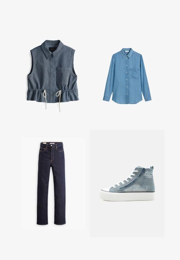 Mouwloos, blauw-wit gestreept topje met een kraag, een borstzak en een koord aan de taille met geplooide details.; Lichtblauw denim overhemd met lange mouwen, een puntkraag, knoopsluiting aan de voorkant en een borstzak. Zachte textuur en een relaxte pasvorm.; Donkerblauwe straight-leg denim jeans met vijf zakken en zichtbare oranje stiksels op een witte achtergrond.; High-top denim sneaker met witte veters, zijrits, rubberen zool en geborduurd merkdetail aan de buitenkant.
