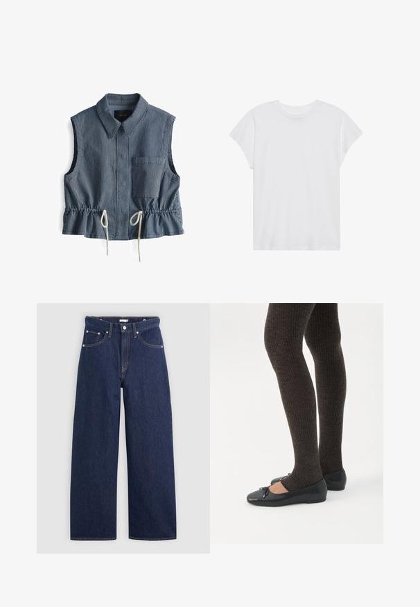 Top sans manches, à rayures bleu et blanc, avec un col, une poche avant et une taille à cordon de serrage avec des détails froncés.; T-shirt blanc à manches courtes, col rond, coupe décontractée, en tissu de coton doux. Texture lisse, sans motifs ni logos.; Jeans en denim bleu foncé à jambes larges avec une taille haute, dotés de cinq poches, passants de ceinture et détails de couture en cuivre. Texture lisse.; Jambes portant des leggings côtelés foncés associés à des ballerines noires avec de petits détails en nœud sur fond blanc.
