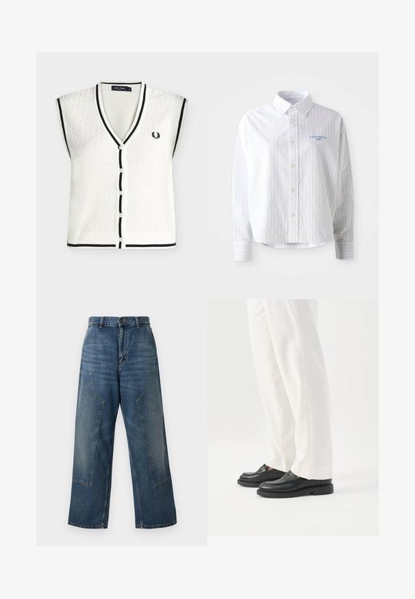 Gilet en maille blanc sans manches avec bordures noires au col en V, patte de boutonnage, emmanchures et ourlet, avec un petit logo laurier noir brodé.; Chemise blanche à boutons avec des rayures verticales bleu clair, un col pointu et un petit logo bleu sur la poitrine gauche. Tissu en coton, coupe décontractée.; Jean en denim à jambe large avec une teinte bleu moyen, doté d'une taille haute et de détails en panneaux contrastants. Fabriqué en coton robuste.; Personne portant un pantalon blanc sur mesure et des mocassins en cuir noirs, debout sur un fond blanc.