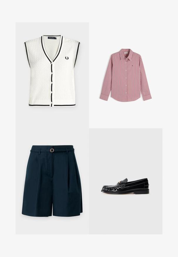 Gilet en maille blanc sans manches avec bordures noires au col en V, patte de boutonnage, emmanchures et ourlet, avec un petit logo laurier noir brodé.; Chemise à rayures verticales rouges et blanches à manches longues avec col et petit logo brodé sur la poitrine, présentée à plat sur fond blanc.; Shorts taille haute bleu marine avec plis avant et ceinture assortie mince avec une petite boucle ronde en or.; Mocassins en cuir noir avec un bout arrondi, des coutures décoratives et un petit accent doré sur le dessus. Semelle en caoutchouc plate, design épuré.