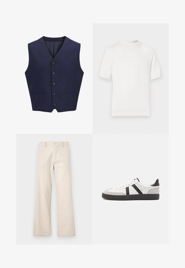 Chaleco azul marino, hecho de tela texturizada, con cuello de muesca, seis botones delanteros y dos bolsillos laterales. Forro interior suave.; Camiseta de punto blanca de manga corta con cuello redondo, que presenta una textura suave y acentos de canalé en el cuello y el dobladillo.; Pantalones de pierna ancha beige, confeccionados en una tela ligera, con cierre de botón y bolsillos delanteros, con un acabado suave y sin textura.; Zapatilla blanca con acentos en negro y gris, que presenta una puntera texturizada en gris, suela de goma negra y cordones planos blancos. Diseño limpio, estilo minimalista.
